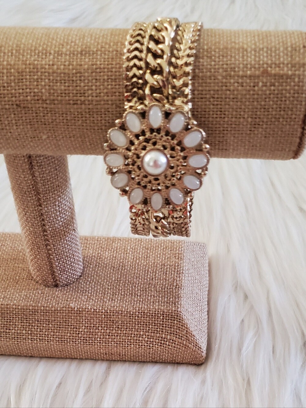 ​WHBM Gold-Tone Chevron & Curb Chain Faux Pearl Flower Medallion Bracelet